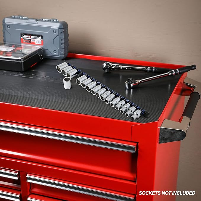 ARES 60044-1/2-Inch Drive Blue Aluminum Socket Organizer - Store up to 16 Sockets and Keep Your Tool Box Organized - Sockets Will Not Fall Off this Rail