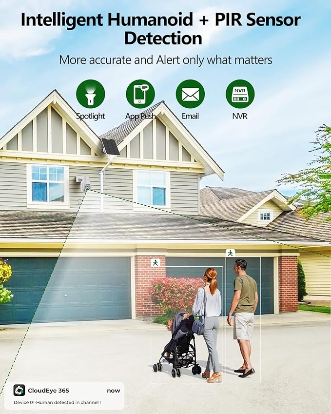 Camcamp Solar Security Cameras Wireless Outdoor, 2K Wireless Battery Security System with 10CH NVR & 500GB HDD, PTZ, Color Night Vision, IP66 Waterproof, Motion Alert, Work with Alexa, 0 Monthly Fee