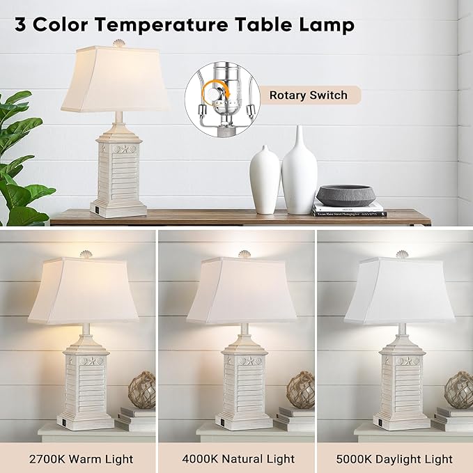 Hamucd Coastal Table Lamps Set of 2, Beach Living Lamps for Bedroom with USB A+C, Washed White Modern Resin LED 3-Color Temperature Bedside Nautical Decor, Nightstand Tropical Lamps for End Table.