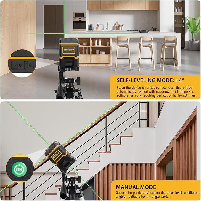 Laser-Level-with-Tripod, Green Cross Line Laser with Tripod Self-Leveling, Lazer Leveler Tool for Picture Hanging Construction Floor Tile Wall Home Renovation, Indoor Project, Battery Included
