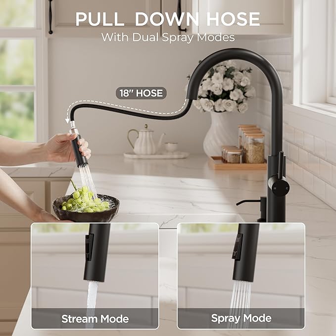 FORIOUS Kitchen Faucet with Soap Dispenser, Modern Matte Black, Single Handle High Arc Stainless Steel Kitchen Sink Faucet with Pull Down Sprayer, 1 or 3 Hole Deck Mount for RV, Laundry, Outdoor