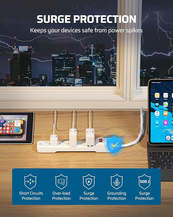 DEWENWILS 6-Outlet Power Strip Surge Protector, 15FT Long Extension Cord, Low Profile Flat Plug, 15 Amp Circuit Breaker, 500 Joules, Wall Mount, White, UL Listed