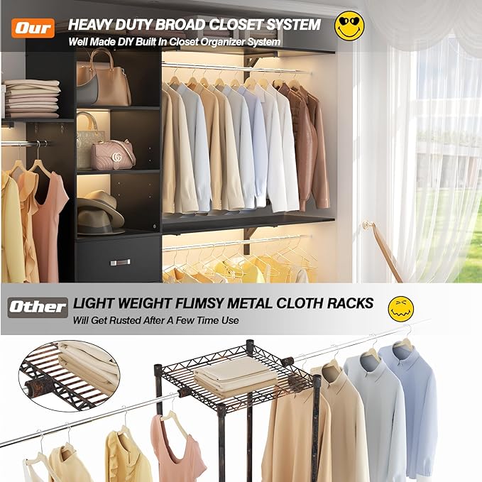 Armocity 120 Inches Closet System, 10FT Walk In Closet Organizer with 3 Shelving Towers, Heavy Duty Clothes Rack with 3 Drawers, Built-In Garment Rack, 120" L x 16" W x 75" H, Max Load 1300 LBS, Black