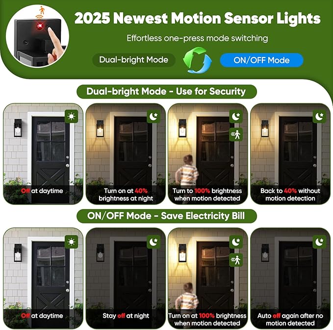 Upgraded Motion Sensor Outdoor Wall Light, 10.6” Small Dusk to Dawn Porch Light Wall Sconce Lantern, 3 Lighting Modes Exterior Lighting Fixture, Outside Light for House Front Door Garage, Black