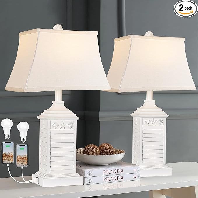 Table Lamps for Living Room Set of 2, Coastal White Bedside Lamps for Bedroom with USB A+C Outlet Modern Resin 3-Color Temperature Nightstand Lamp for End Table (Bulbs Included)