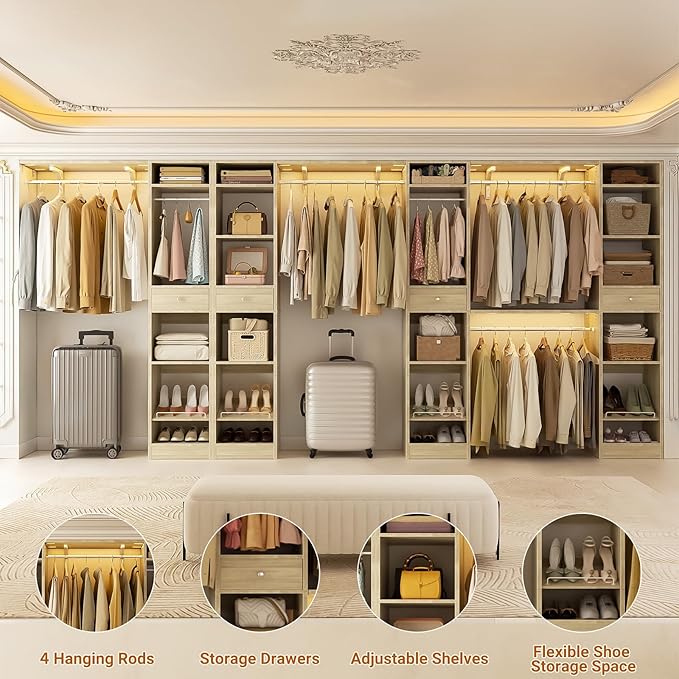 Unikito 10-15FT Closet Systems, Large Wood Walk in Closet Organizer with Hanging Rods and Drawers, 180 Inch Heavy Duty Closets Wardrobe with Shoe Rack, Sturdy Reversible Clothes Closet Kit, White Oak