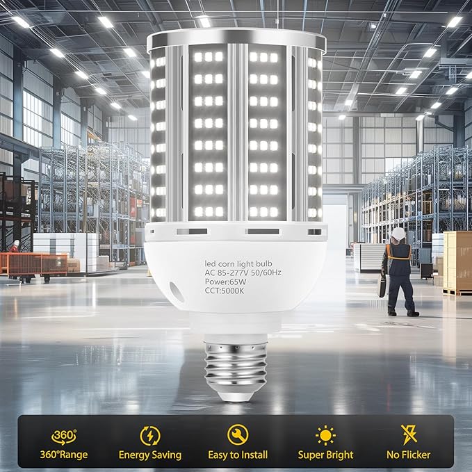 65W LED Corn Light Bulb 6 pack(650W Equivalent ) ,Daylight 5000K E26/E39 Commercial Grade 7800LM Medium Mogul Base LED Lamp,Large Area Lights For Outdoor Indoor Garage Warehouse Factory Bay Light