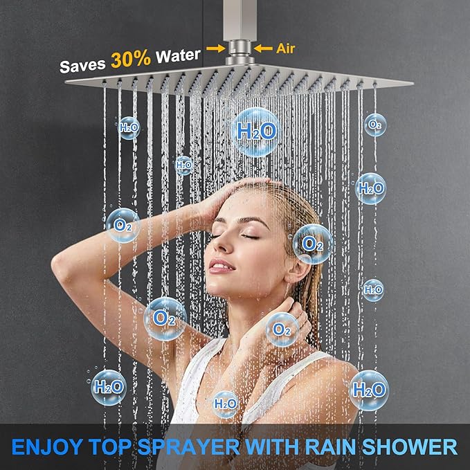 Shower Faucet Set, 10" Ceiling Mount Rainfall Shower System with 2 Rain Shower Head and Multi-function Handheld Head Push Button Diverter Shower Faucet Trim Kit Brushed Nickel