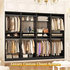 Unikito 100 Inch Large Closet System, 8.3FT Wood Closet Organizer Kit with 8 Hanging Rods, Adjustable Walk in Wardrobe Closet Tower, Sturdy Luxury Clothes Garment Rack, Easy Assembly, Set of 4, Black