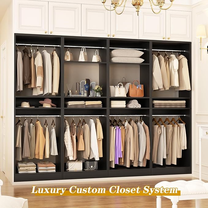 Unikito 100 Inch Large Closet System, 8.3FT Wood Closet Organizer Kit with 8 Hanging Rods, Adjustable Walk in Wardrobe Closet Tower, Sturdy Luxury Clothes Garment Rack, Easy Assembly, Set of 4, Black