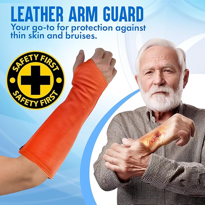 Arm Chaps Leather Protective Sleeves Arm Guard - Prevent Cuts, Scratches & Bruises - Genuine Cowhide - Ideal for Gardening & Construction - Left & Right Form-Fitting. Orange (1 Pair/Medium).