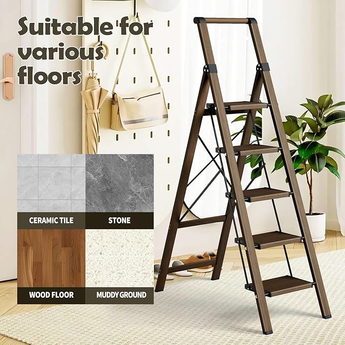 Taranta 5 Step Ladder, Portable Folding Ladder with Wide Pedal, Lightweight Aluminum Step Stool with Convenient Handgrip, 330 lbs Capacity Stepladder for Home, Office - Walnut