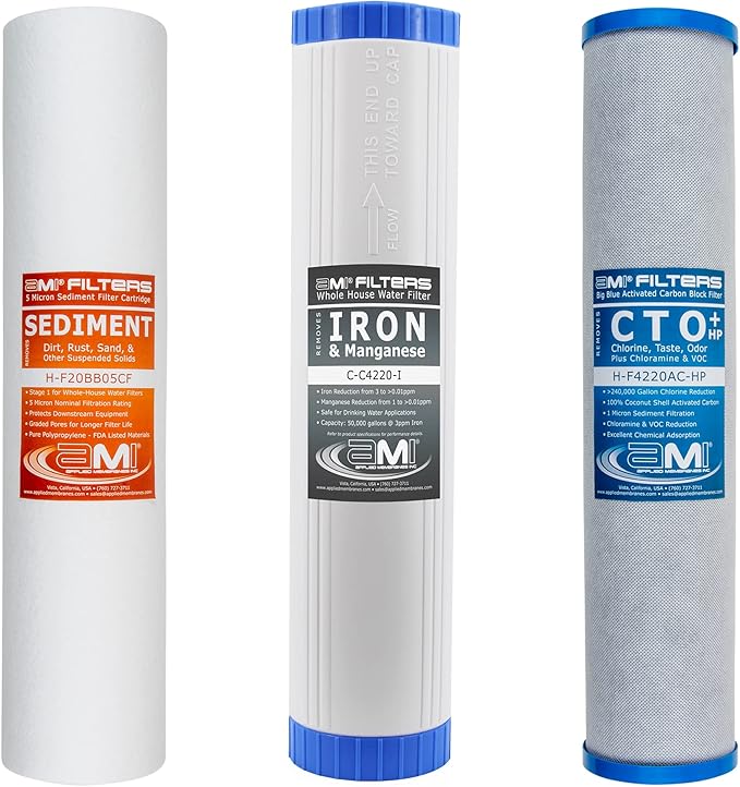 APPLIED MEMBRANES INC. Whole House Water Filter Replacement Filter Cartridge Set for Iron Reduction | 3 Stage 4.5” x 20” Sediment, Carbon, & Iron Filters | Fits 20-inch Big Blue Housings