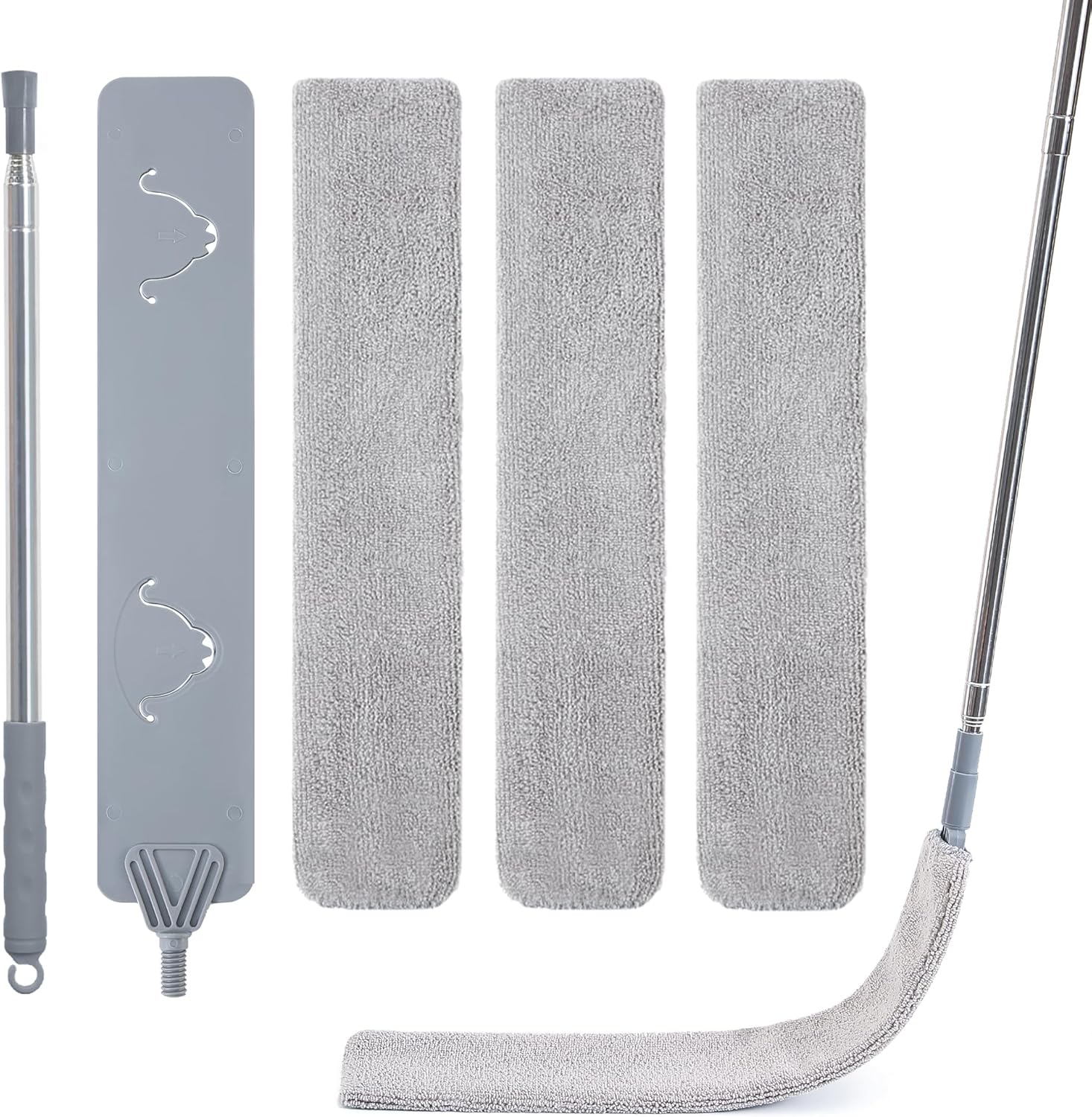 Skinny Duster with Extension Pole for Under Furniture, Under Appliance Cleaning Tool with 3 Microfiber Dusting Cloths, Retractable Flat Duster for Under Refrigerator, Tight Spaces, Gap