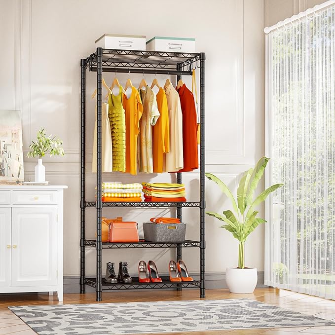 Ulif H4 Mini Portable Closet, 4 Tiers Freestanding Clothing Garment Rack for Small Space, Metal Clothes Wardrobe System for Bedroom, 23.6" W x 14" D x 76.4" H, Load 502 lbs, Black