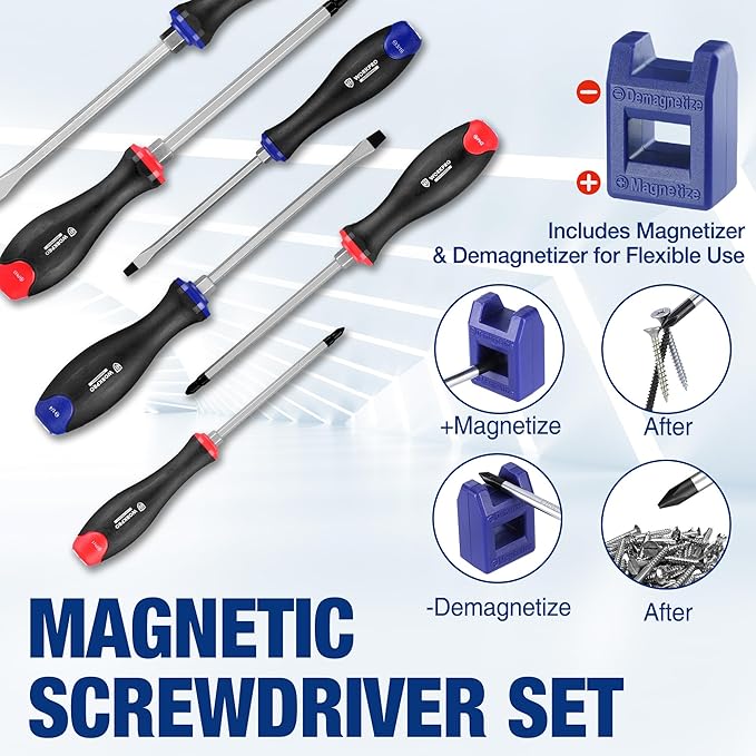 WORKPRO Magnetic Screwdriver Set 12-Piece, Go-Thru Screw Driver Set Kit with Wall Mount Rack, Includes Slotted & Phillips Screwdrivers, Magnetic Screwdriver with Magnetizer Demagnetizer Tools