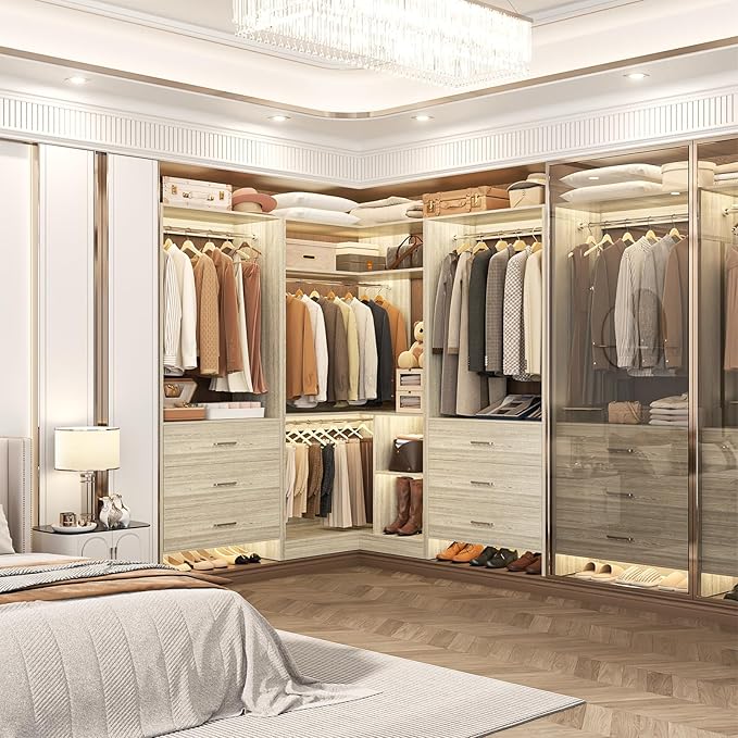 Aheaplus Closet System Closet Organizer, Wood Closet Organizer System, Walk-in Closet or Small Closets Wardrobe, Clothes Rack with Hanging Rods, 4FT Closets, Set of 2, White Oak