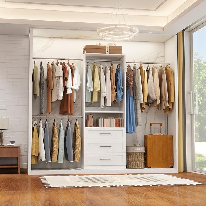 Closet System, 4FT-8FT Closet Organizer System with 3 Wooden Drawers Walk-in Closet Storage System with 5 Expandable Hanging Rods Garment Rack Wall Mount White