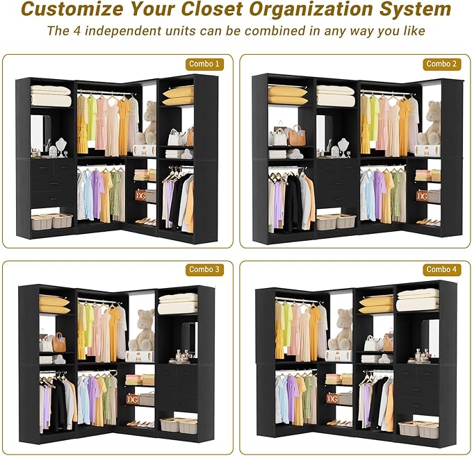 Unikito 86” Closet System, Corner Closets Organizer with Hanging Rods and Mirror, Freestanding Adjustable Clothes Garment Racks with Drawers, Sturdy Walk in Closet Kit with 3 Set Closets Tower, Black