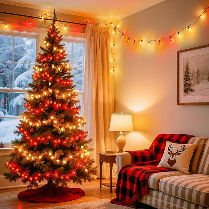 Brightown C9 LED Replacement Christmas Bulbs, 25 Pack Red and Warm White Shatterproof C9 Bulbs, Waterproof Commercial LED Holiday Bulb for Christmas String Light, E17 Intermediate Base, Dimmable