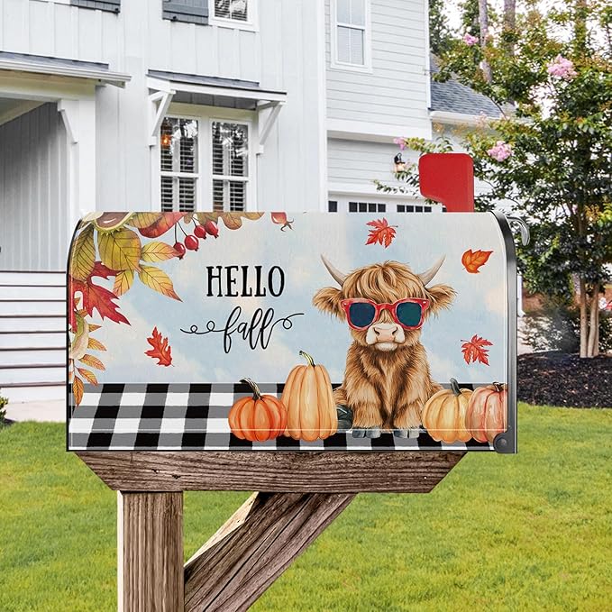Fall Highland Cow Pumpkin Mailbox Cover Magnetic Standard Size 21x18 Inch Autumn Decorative Post Letter Box Wrap Decor Garden Yard Decoration