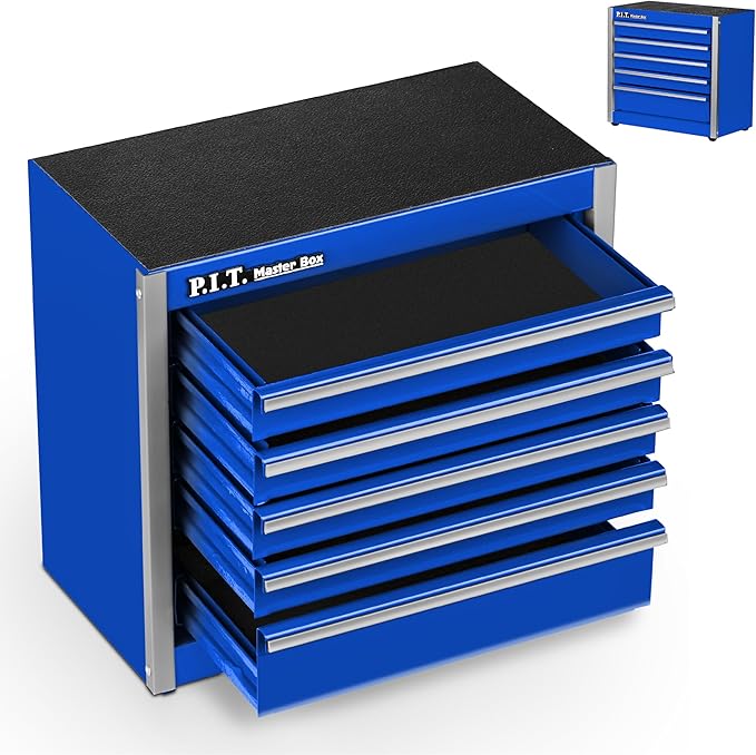 P.I.T. Mini Blue Tool Box, Portable 5-Drawer Micro Roll Cab Steel Stackable Tool Box with Liner, Blue Small Tool Case for Tools Storage and Organizers, Home DIY