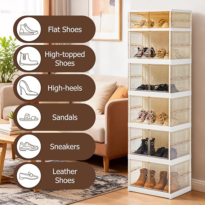 6-Tier shoe rack storage rack at the entrance of the wardrobe, sports shoe storage cabinet, foldable shoe cabinet with wheels, 3-sided transparent foldable multifunctional storage cabinet