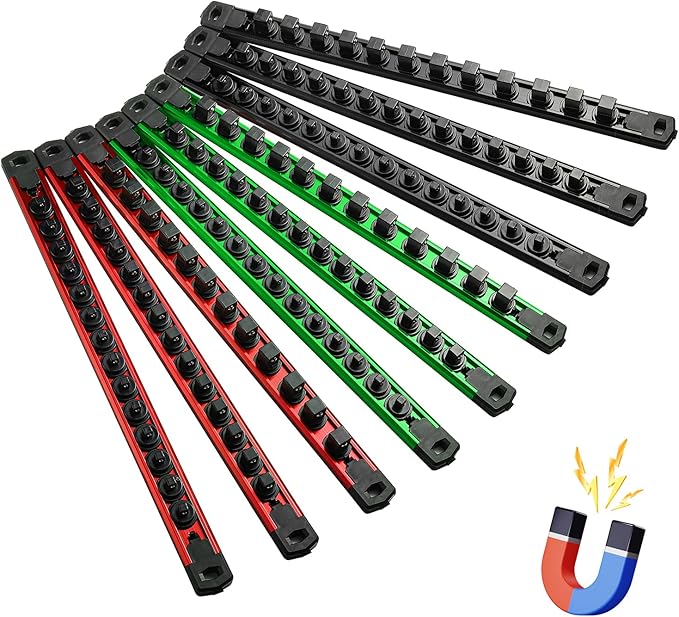Magnetic Socket Organizer, 9-Piece Heavty Duty Aluminum Socket Holder, Socket Rail for Tool Box, Premium Quality 360° Swivel Socket Rack Kit with 120 Clips for 1/2, 3/8, 1/4-Inch(Multicolors)