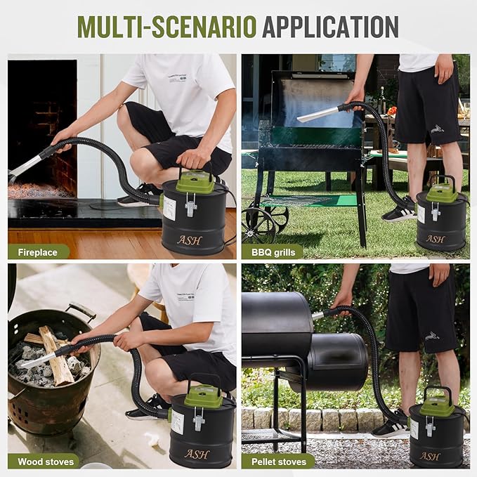 Ash Vacuum Cleaner -2.6 Gallon Fireplace Ash Vac with 800w Powerful Hose Non-Woven Dust Separator | Dry Stove Vacuum for Fireplaces Pellet Grill Wood Stove Fire Pits Green