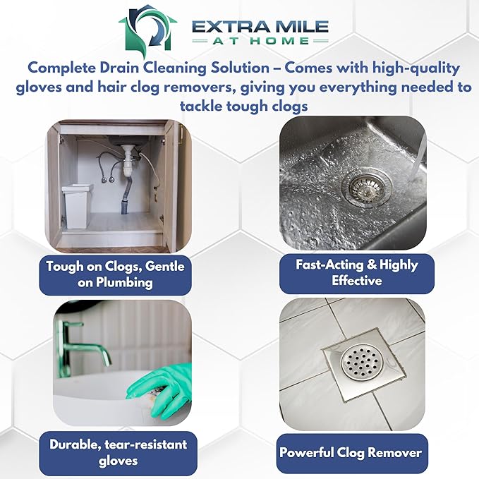 Drain Defender – Hair & Grease Buster Kit Instant Power Drain Opener and comes with, Heavy-Duty PVC Gloves & 3 Hair Clog Removers – Fast-Acting & Safe for Pipes & Septic Systems