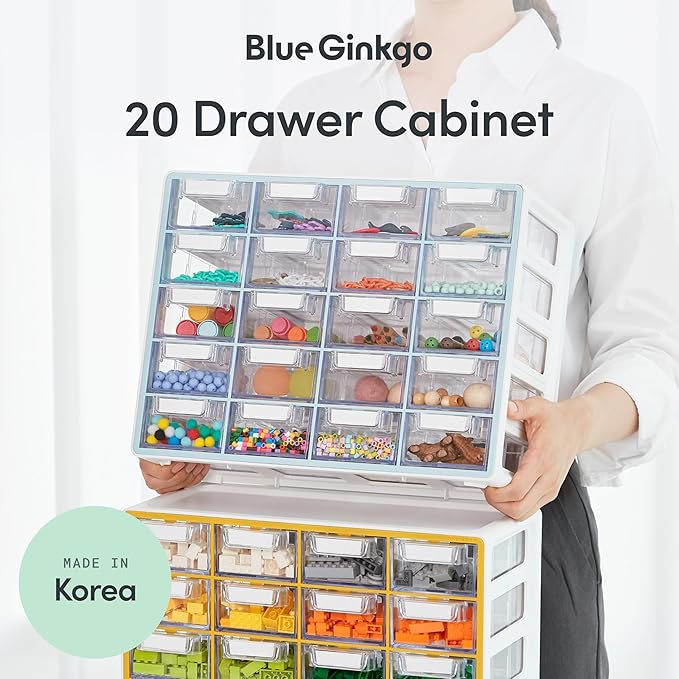 Blue Ginkgo Small 20-Drawer Cabinet – Stackable Clear Organizer for Hardware, Beads, Plastic Bricks, Office, and Craft Storage (Made in Korea, Yellow)