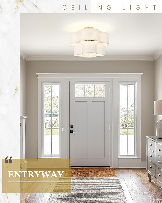 Semi Flush Mount Ceiling Lights, 5-Light 18" Ceiling Light Fixtures with Double Fabric Drum Shade in Quatrefoil Shape, Brushed Nickel Ceiling Light for Nursery Bedroom, AD-22007-5SF-SN