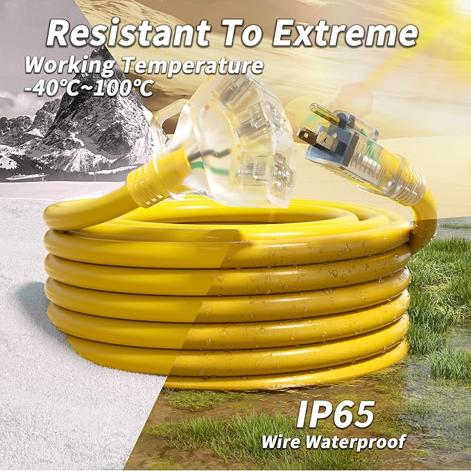 6 FT 12/3 Gauge Outdoor Extension Cord with Multiple Outlets Light Indicator, Flexible 3 Outlet Weatherproof Heavy Duty Extension Cord Waterproof Yellow, 15A 1875W 12AWG SJTW, ETL Listed