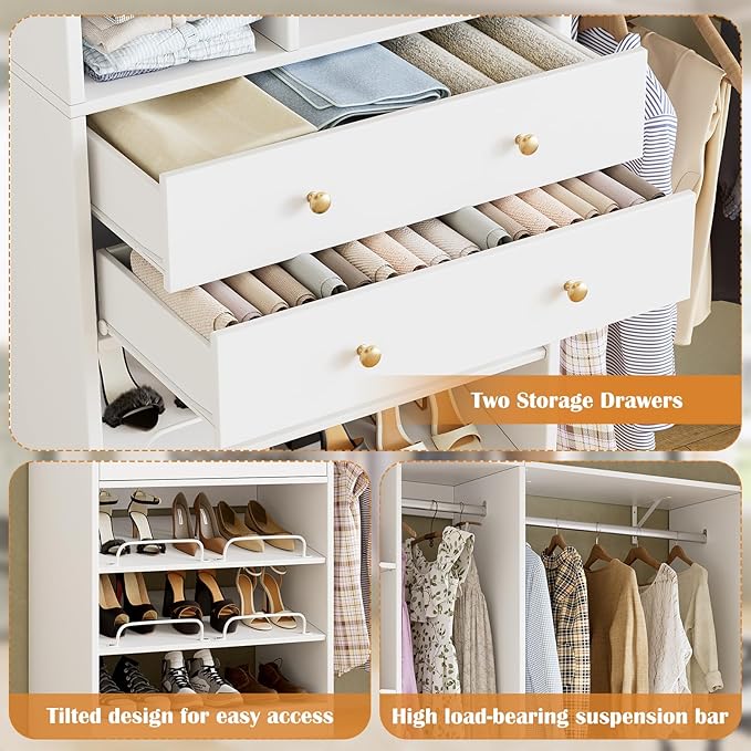 5FT Closet System with Drawers, 96 Inches Walk In Closet Organizer System with Shoe Rack, 3 Hanging Rods, Wall Mount Bedroom Wardrobe Clothes Garment Rack