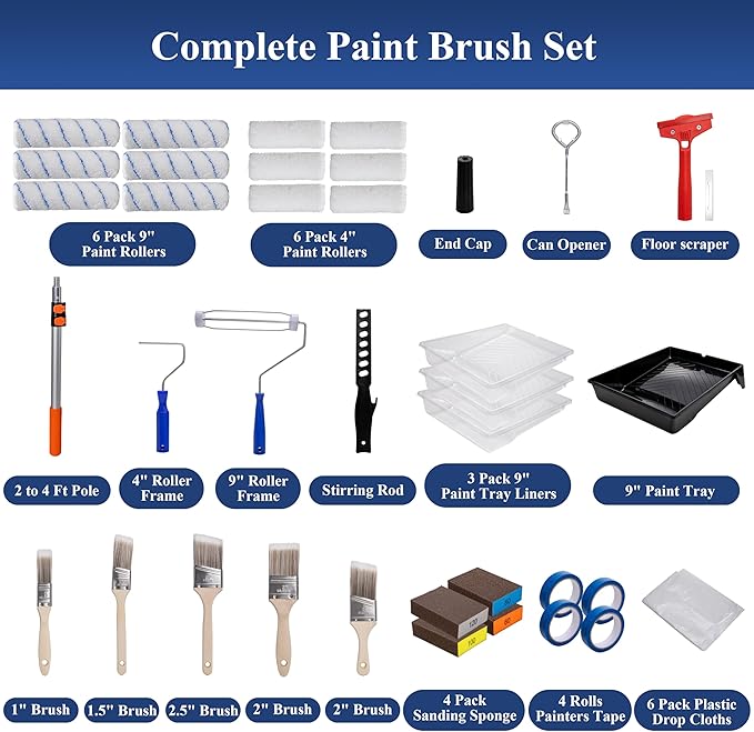 Paint Roller Kit with Extension Pole, 41Pcs Paint Supplies for Painting Walls, 4" & 9" Rollers with Frame, Tray with Liners, Paint Brushes, Scraper, Drop Cloths, Painters Tape, Sanding Sponges