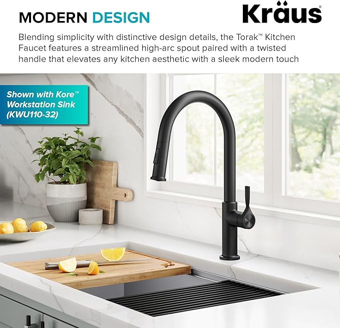 KRAUS Torak Pull Down Kitchen Faucet in Matte Black with 2 Function Sprayer, Pre-Attached Water Lines, and Mounting Hardware, KPF-2840MB
