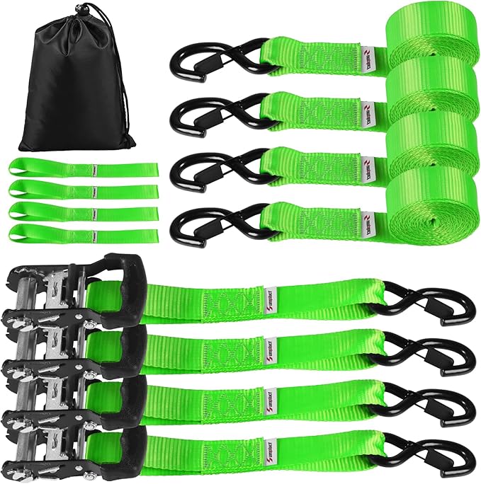 Ratchet Tie Down Straps Set Heavy Duty 4 Pack 15 FT 4400 LB 1.5 Inch Motorcycle Tie Down Strap for Cargo/Pickup Truck Bed Toolbox Accessories,Moving Stuff,Dirtbike,Roof Rack Tie Downs Kit Ropes-Green