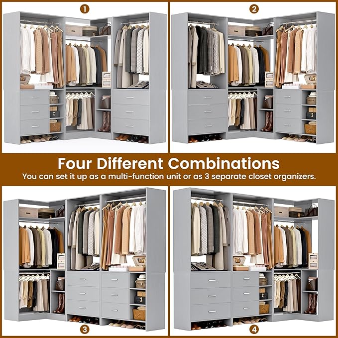 Aheaplus Closet System with 6 Drawers, 4 Hanging Rods & Corner Tower, Corner Closet System with Hanging, 86.8" L-Shaped Walk-In Wardrobe Organizer, 2000+ lbs Capacity, Set of 3, Grey