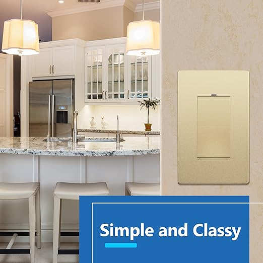 LIDER Minimalist Design Matte Finish Lighted Decorator Switch with Screwless Wall Plate, Frameless Paddle Light Switch with Locator Light, Single Pole, Grounding Screw, 15A 125V, UL Listed, Gold