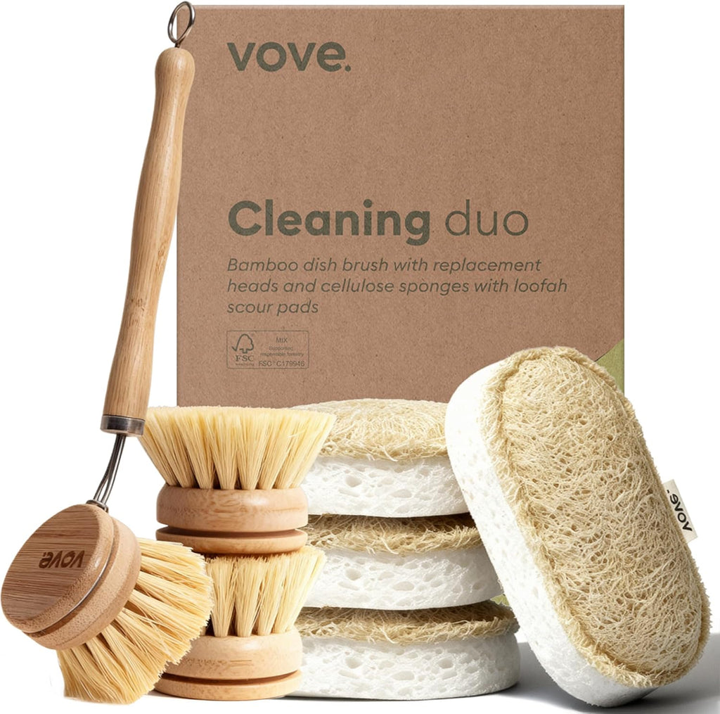 Vove Cleaning Duo, Bamboo Dish Brush Set and Natural Dish Sponges, FSC-Certified Bamboo, Sisal, Loofah, Cellulose, Plastic-Free, Eco-Friendly Zero-Waste Kitchen Dish Scrubber Set