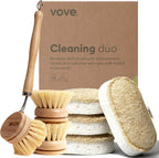 Vove Cleaning Duo, Bamboo Dish Brush Set and Natural Dish Sponges, FSC-Certified Bamboo, Sisal, Loofah, Cellulose, Plastic-Free, Eco-Friendly Zero-Waste Kitchen Dish Scrubber Set