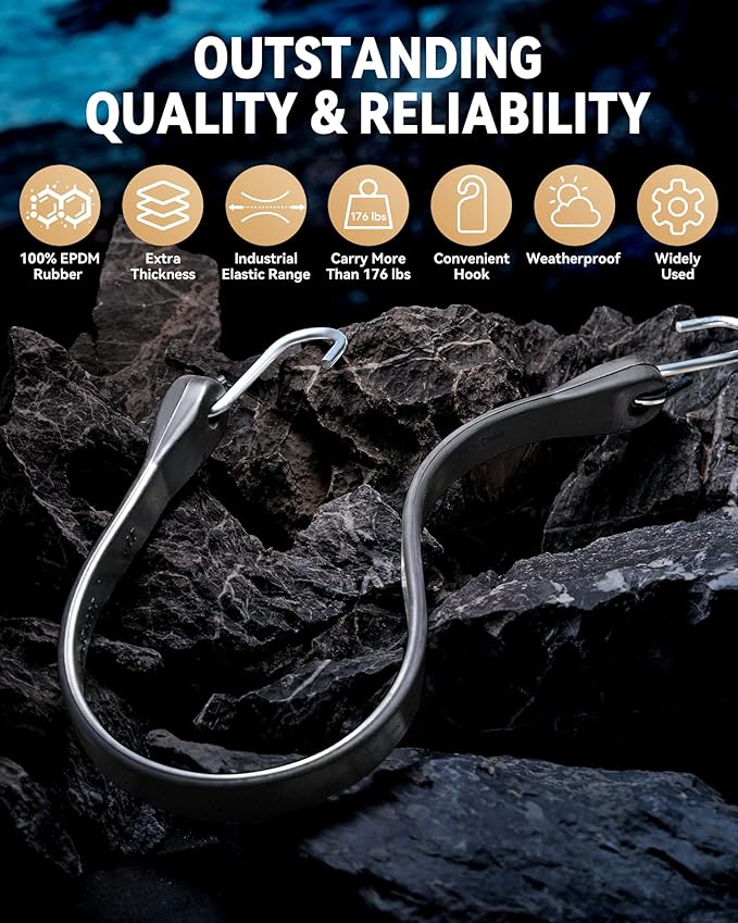 15'' Rubber Bungee Cords Heavy Duty Outdoor with 27" Max Stretch & Over 176 lbs Load, 100% EPDM Black Bungee Straps with Crimped S Hooks for Cargo, Tarps, Truck, Motorcycle, Weatherproof (50 Pack)