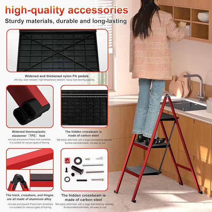 3 Step Ladder,Aluminum Ultra Thin Folding Step Stool,400 Lbs Capacity Heavy Duty with Anti-Slip Sturdy and Wide Tread,Closet Slim Step for Home,Kitchen and Office,Space Saving (Red, 3-Step)