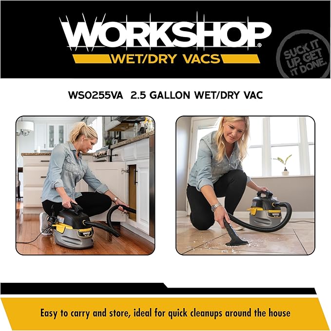 WORKSHOP Wet/Dry Vacs Shop Vacuum WS0255VA 2.5-Gallon 1.75 Peak HP Portable Wet Dry Vacuum Cleaner with Filter Bag, Hose and Attachments for Cleaning in the Home