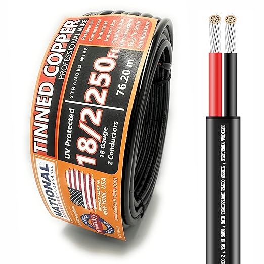 National Wire&Cable - 18/2 Tinned Copper Professional Wire (250 Feet) 18 AWG Gauge Stranded PVC Cord - 2 Conductor Electrical Wire - Made in USA - CL Rated/ETL Listed - LED Light, Low Voltage Cable