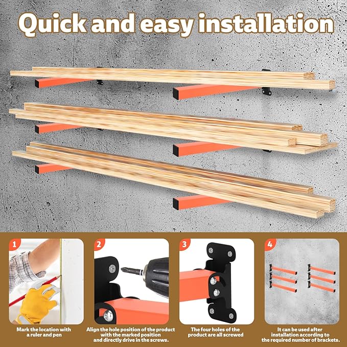 lumber storage rack, Heavy Duty Metal Lumber Storage Rack with Multi Angle Adjustment and 3-Level Wall Mount for Garage Shop Indoor Outdoor, Orange (2 PACK)