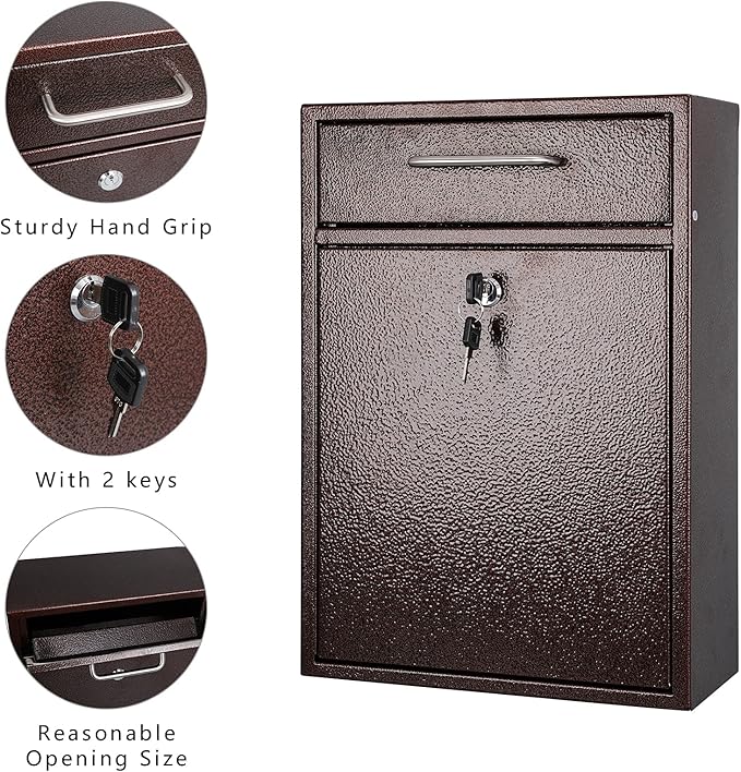 KYODOLED Steel Key Lock Mail Boxes Outdoor,Locking Wall Mount Mailbox, Security Key Drop Box, Collection Boxes,16.2Hx 11.22Lx 4.72W Inches, Bronze X Large