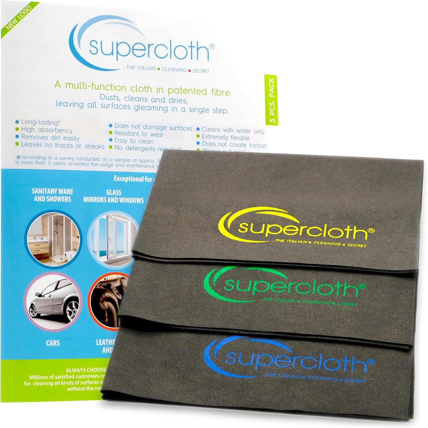 Supercloth® Premium Microfiber Cleaning Cloth for All-Purpose, Lasts Over 5 YEARS, Glasses Cleaning Cloth, Microfiber Cleaning Cloth for Cars, Magic Reusable Cloth Streak-Free 100% Made in Italy (3pk)