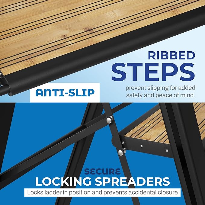 Step Ladder 1 Step Folding, Decorative - Beautiful Bamboo & Black Aluminum, Ultra Slim Profile, Anti Slip Steps, Sturdy-Portable for Home, Office, Kitchen, Photography Use,by SORFEY
