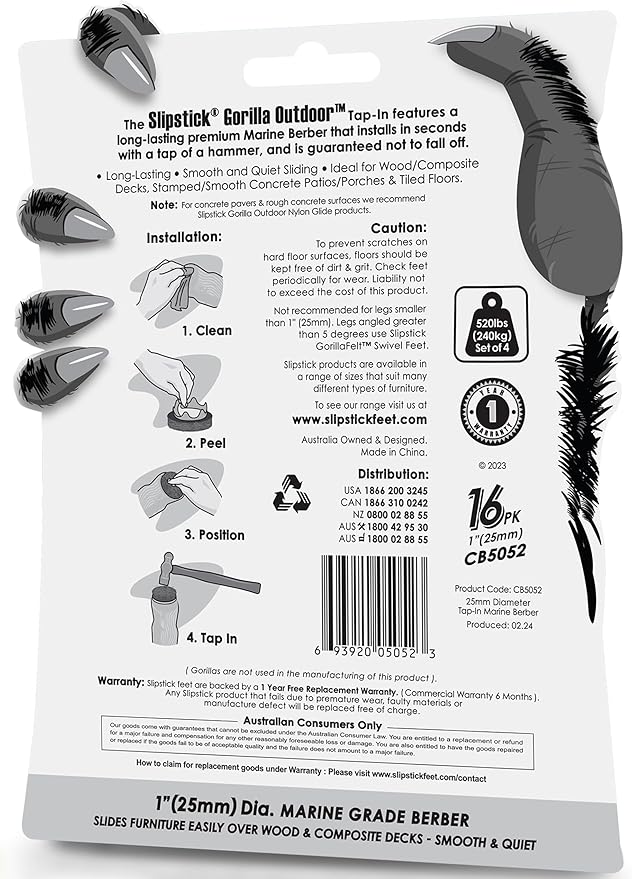 GorillaOutdoor 1 inch Round Furniture Feet Floor Protectors/Weatherproof Berber Glides for Furniture (Set of 16) Tap On Furniture Pads for Outdoor & Indoor Use